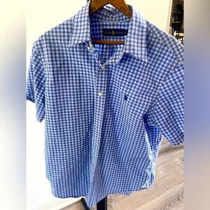 Large polo button up men’s short sleeve shirt.